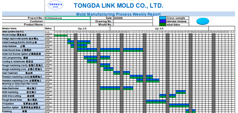 Project timeline showing mold manufacturing milestones from design review through T1 trial to final delivery