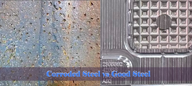 Mold surface comparison: 1.2344 with corrosion pitting vs. 1.2083/S136 in good condition after PVC production